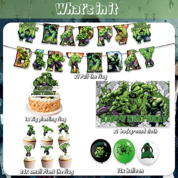 Hulks Happy Birthday Party Supplies Pack Includes, Banner, Cake Topper Blackdrop, Balloons for Hulks party Decoration