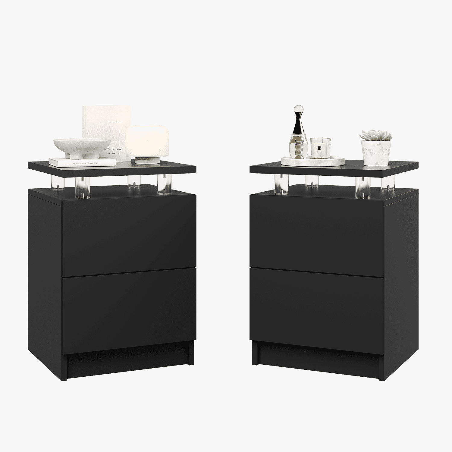 Sonegra Nightstand Set of 2, LED End Table with 2 Storage Drawers, Sofa Side Table for Living Room and Bedroom, Black 15IN