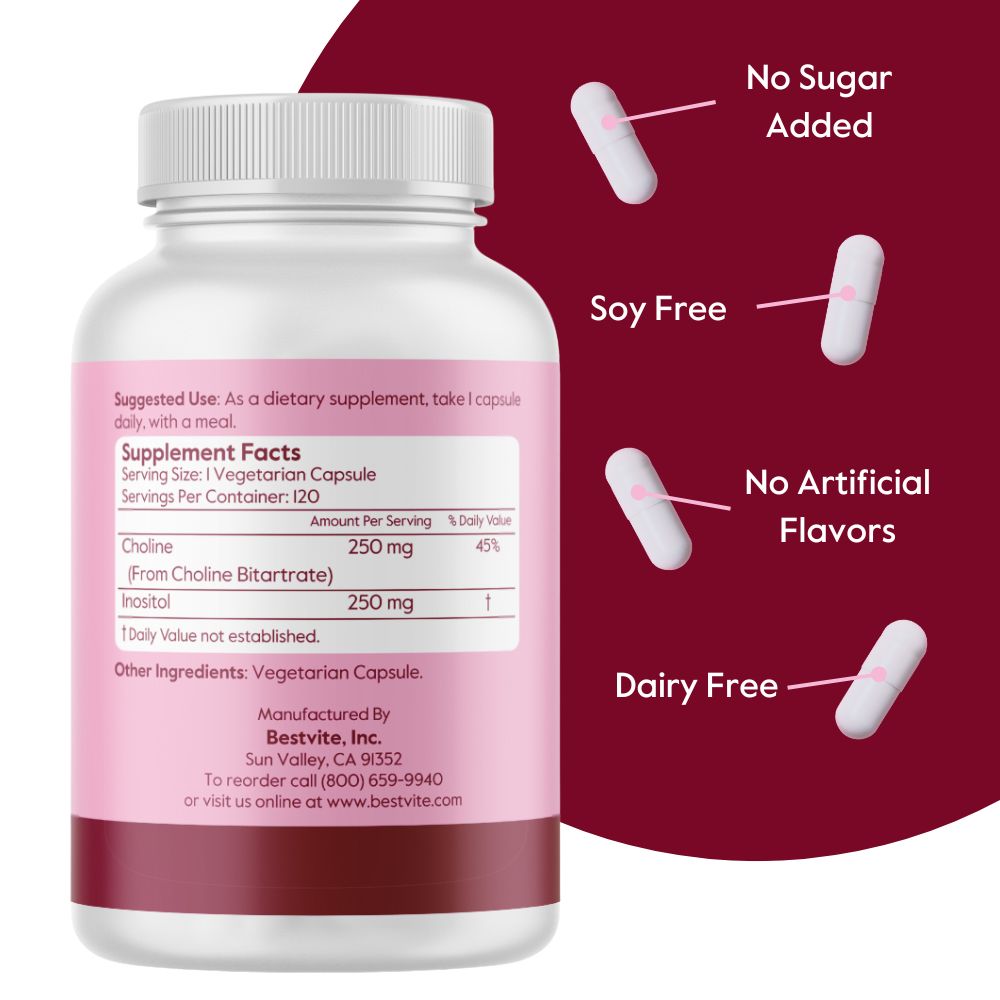 Choline Inositol 500mg (240 Vegetarian Capsules) (120 x 2) - No Stearates - No Gelatin - No Fillers - Vegan - Non GMO - Gluten Free