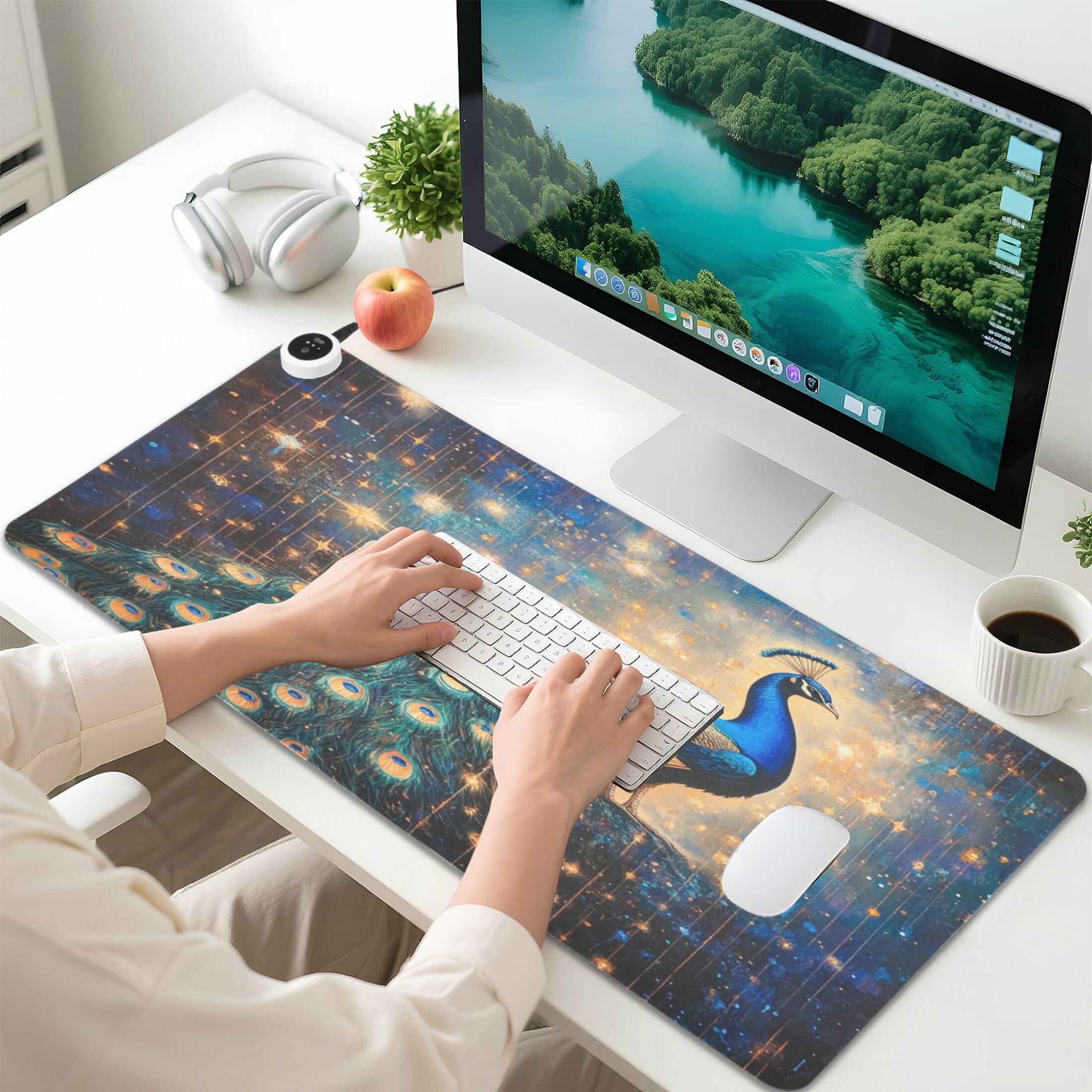 Wobogo Starry Peacock Heated Mouse Pad Extra-Large Desk Mat With 3 Heating Levels and 3-hour Auto Shut-Off Protection Ideal for Computer Keyboards Home Office Hand-warming Essential 31.5in × 13in