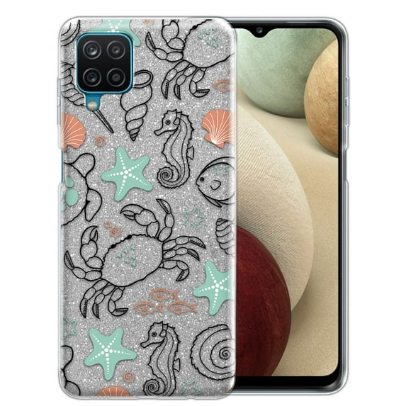 WIRESTER Silver Gradient Glitter Case, Sparkle Bling TPU Cover for Samsung Galaxy A12 A125 5G 6.5" 2020, Seashell Turtle Starfish Pattern