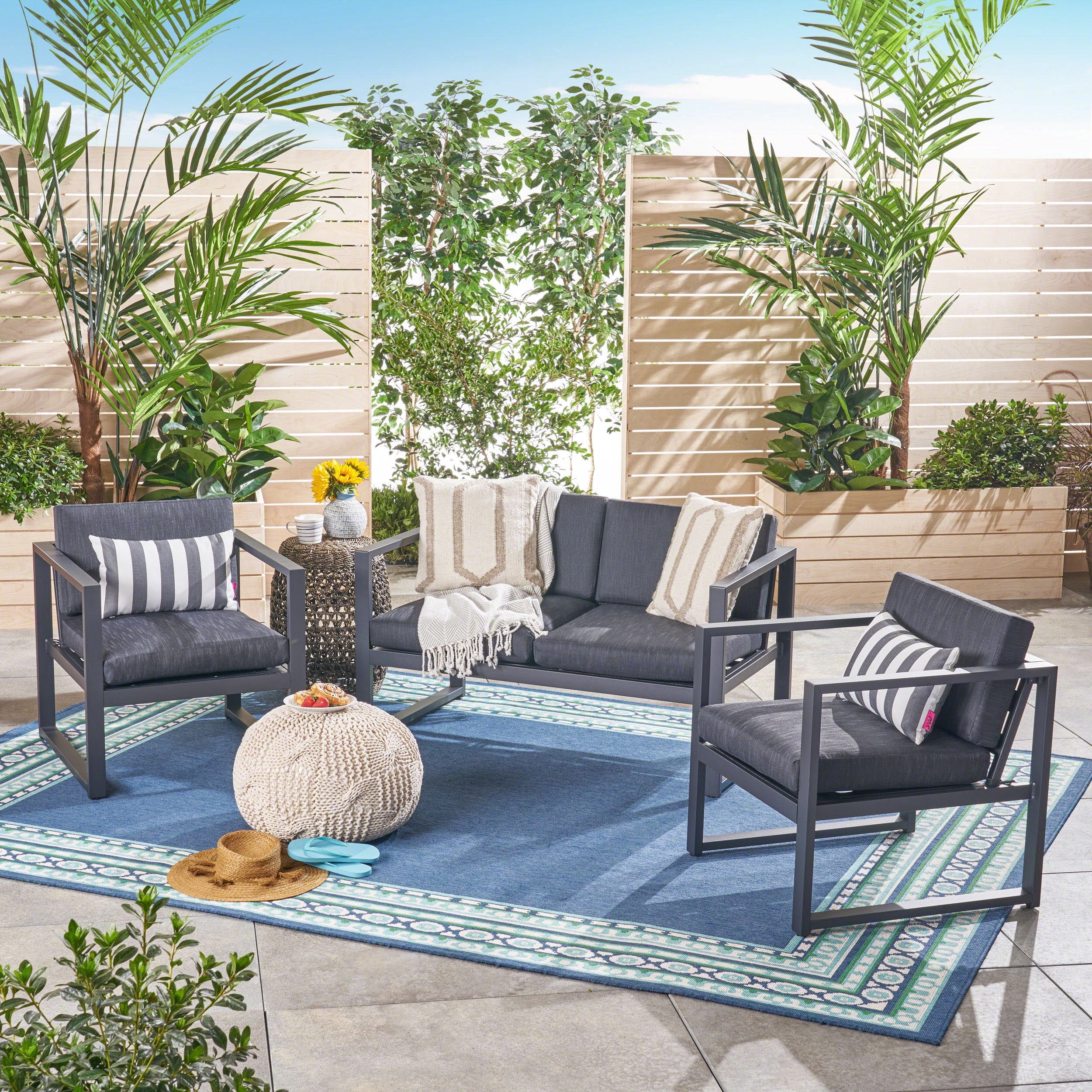 Outdoor 4 Seater Aluminum Chat Set with Cushions, Silver,Grey