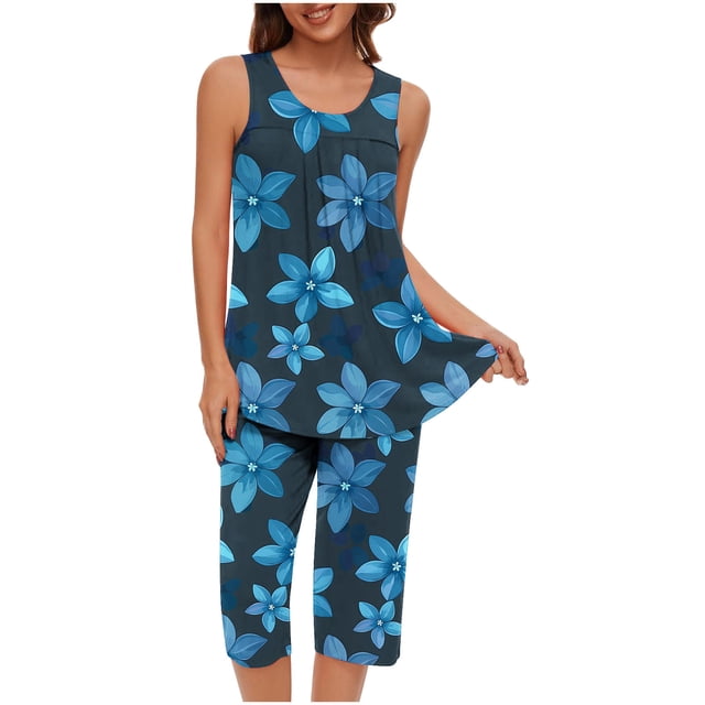 Conjunto de Verano para las Mujeres Casual Impreso sin Mangas Cuello Redondo Y Pantalones Recortados de Dos Piezas