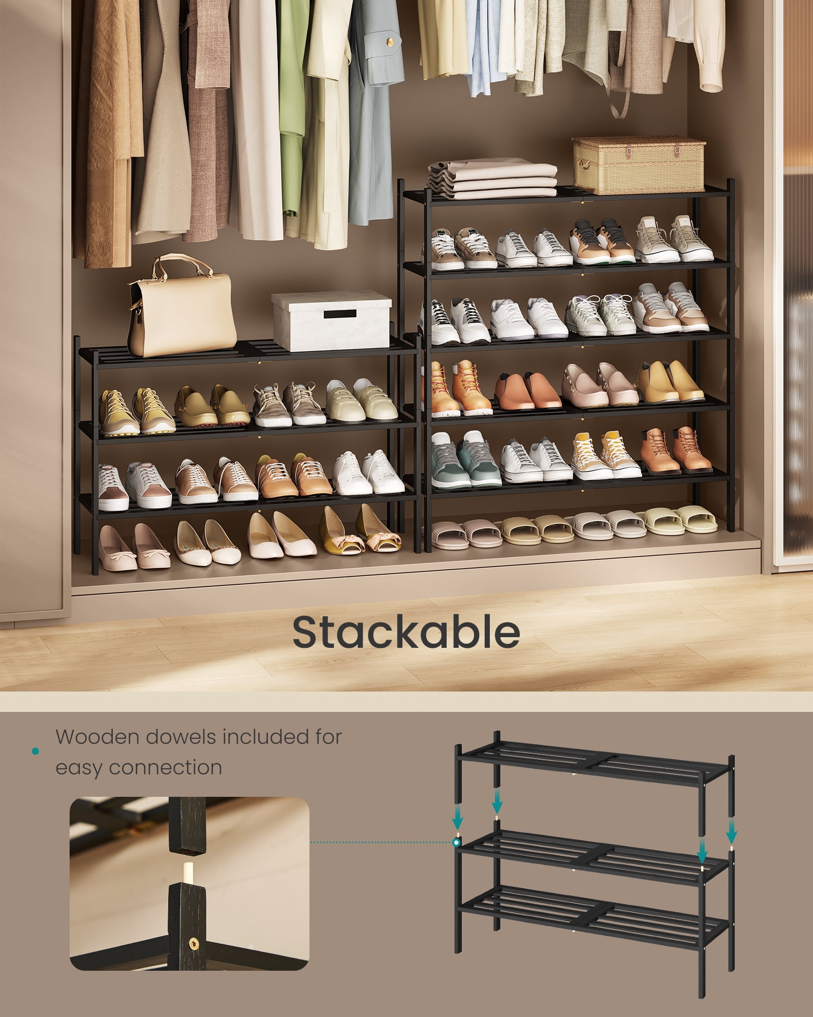 SONGMICS Bamboo Shoe Rack for Closet, Stackable Shoe Oragnizer, Space-Saving Freestanding Shelf, 3-Tier, Holds 12-16 Pairs, Ink Black