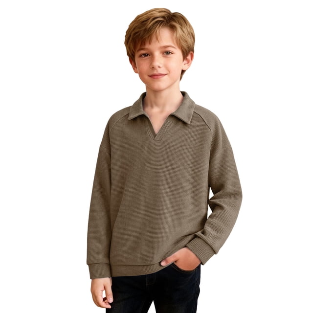 Camisas de Manga Larga para Niños Tamaño 12-14 Juventud Color Sólido Top de Cuello de Solapa para Chico, Camisa de Botón de Manga Larga Casual para Uso Diario