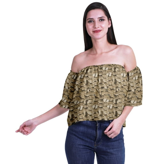 Moomaya Womens Printed Off The Shoulder Crop Top Flounce Sleeve Summer Clothing Boho Blouse