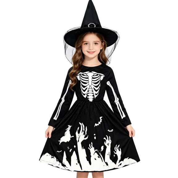 Little Girls Halloween Dress Skeleton Printed Tulle Girls Dress For Halloween Party Stage Performances School Play 3 To 8Y