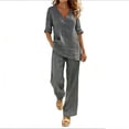 thumbnail image 2 of Xdegoge Two Piece Linen Sets for Women 3/4 Sleeve V Neck Matching Set with Pockets Shirts and Wide Leg Lounge Pants Beach Vacation Breathable Outfits, 2 of 7
