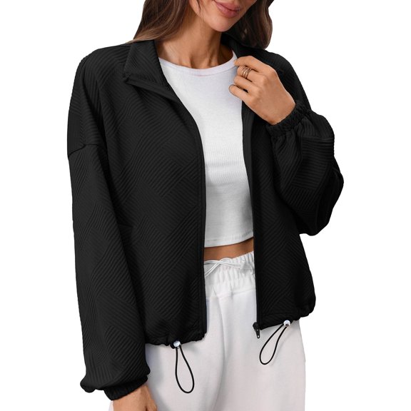 Womens Tops, Oversized Sweatshirt for Women Zip Up Stand Collar Cropped Jacket Fall Fashion Casual Long Sleeve Outerwear Outfits