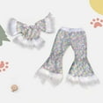 thumbnail image 2 of DHFJKG Suits Girls' Sequin Suit Princess Pageant Top Glitter Birthday Party Short Leg Flare Pants Short Sleeve Fuzzy Tassels Trendy Outfit, 2 of 3