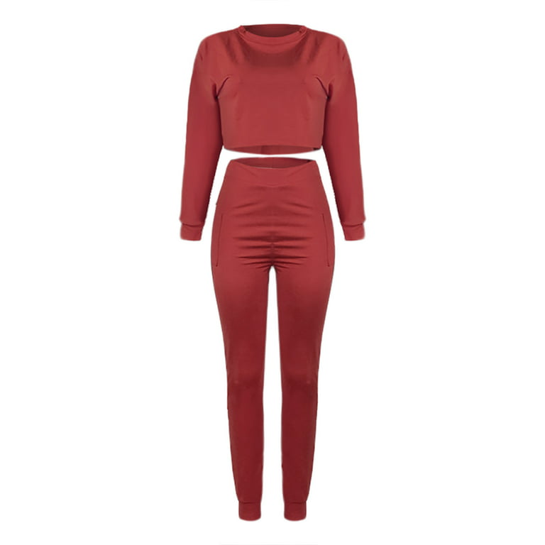 Women's Two Piece Athletic Pants and Off-Shoulder Top Set / Rose Red