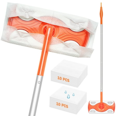 JEHONN Sweeper Mop with 20 Pcs Cloths, 2-in-1 Starter Kit for Multi Surface Cleaning (Orange)