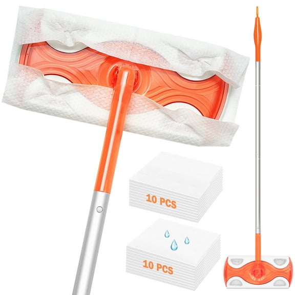 JEHONN Sweeper Mop with 20 Pcs Cloths, 2-in-1 Starter Kit for Multi Surface Cleaning (Orange)