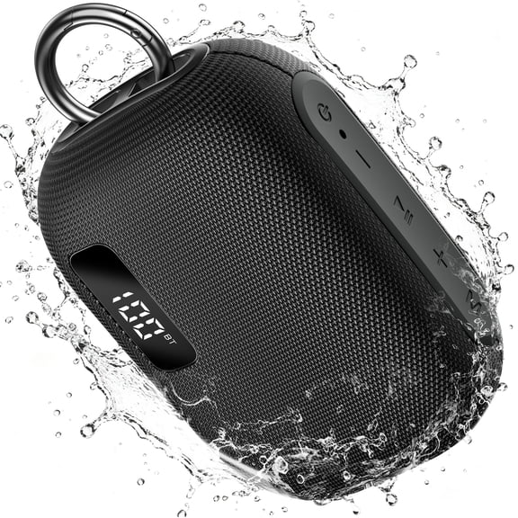 Portable Bluetooth Speaker, IP67 Waterproof Shower Speaker with Digital Battery Display, Powerful Sound, 24H Playtime, TWS Pairing, USB/TF Card, Small Speaker for Outdoor Travel Home, Gift-Black