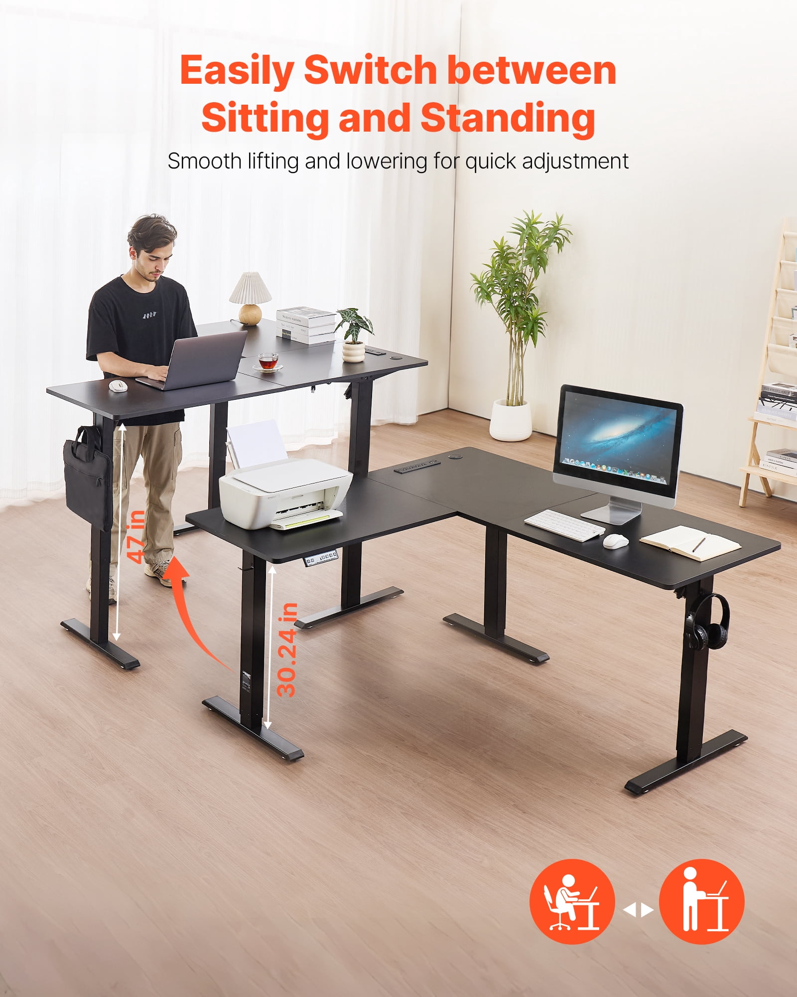VEVOR L Shaped Desk, Electric Adjustable Height Corner Gaming Desk with Dual Hooks and Wheels, Heavy Duty Carbon Steel L-Shaped Computer Table with Power Strip for Home Office, Easy to Assemble