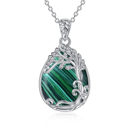 Malachite Necklace for Women 925 Sterling Silver Tree of Life Teardrop Pendant Necklace Jewelry Gift (RR-Tree of Life Malachite Necklace)