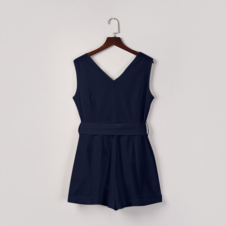 YYDGH Womens V Neck Button Down Rompers Sleeveless Solid Color Waist Tie  Short Jumpsuits with Pockets Navy Blue S - Walmart.com