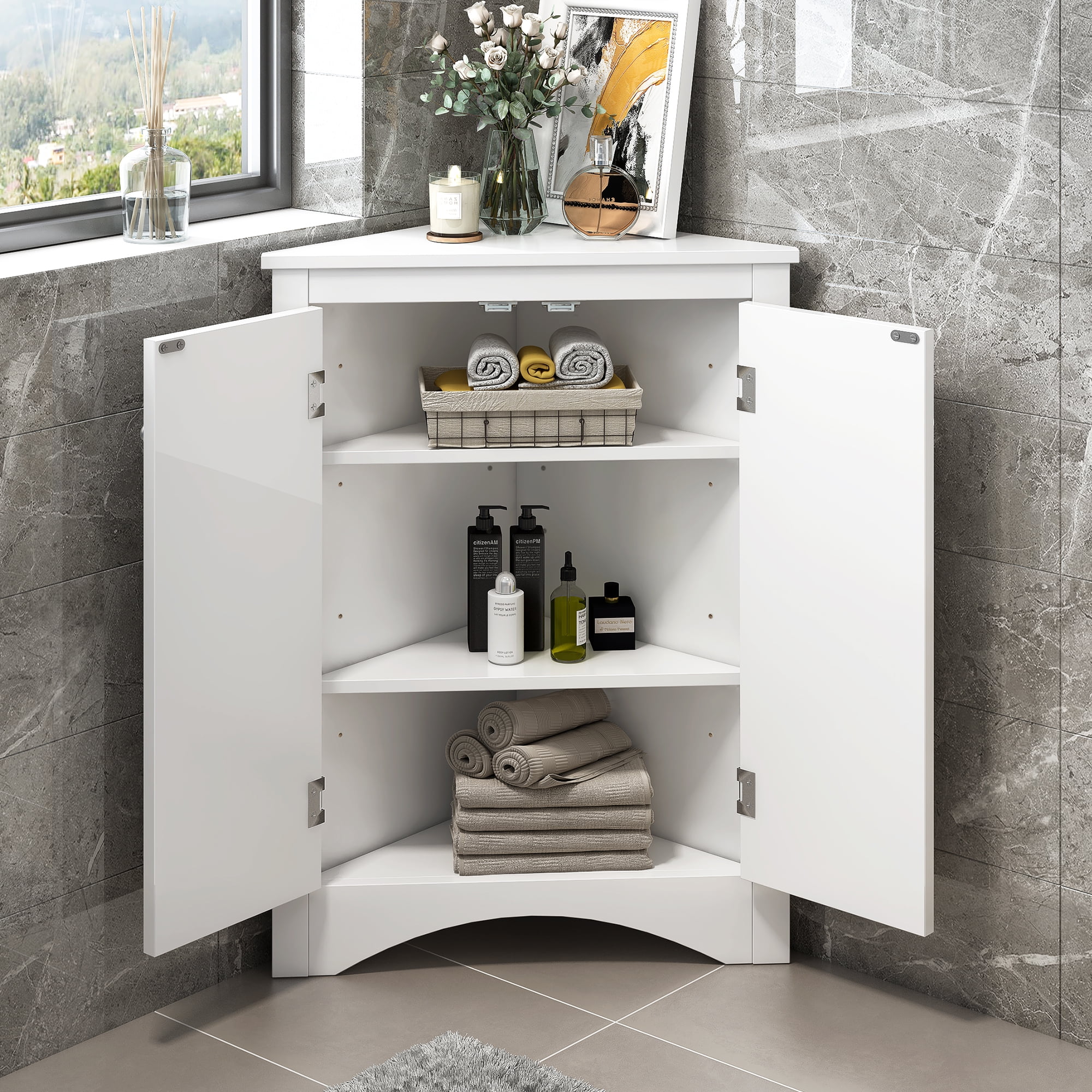 Bathroom Storage Cabinet, Triangle Corner Cabinet With 2 Adjustable Shelves, Freestanding Floor Cabinet Moisture Proof For Bathroom Laundry, White