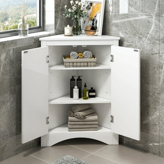 JESTOP Bathroom Storage Cabinet with 2 Doors, Corner Stand Cabinet for Bathroom, Wood Freestanding Corner Cabinet with Adjustable Shelves