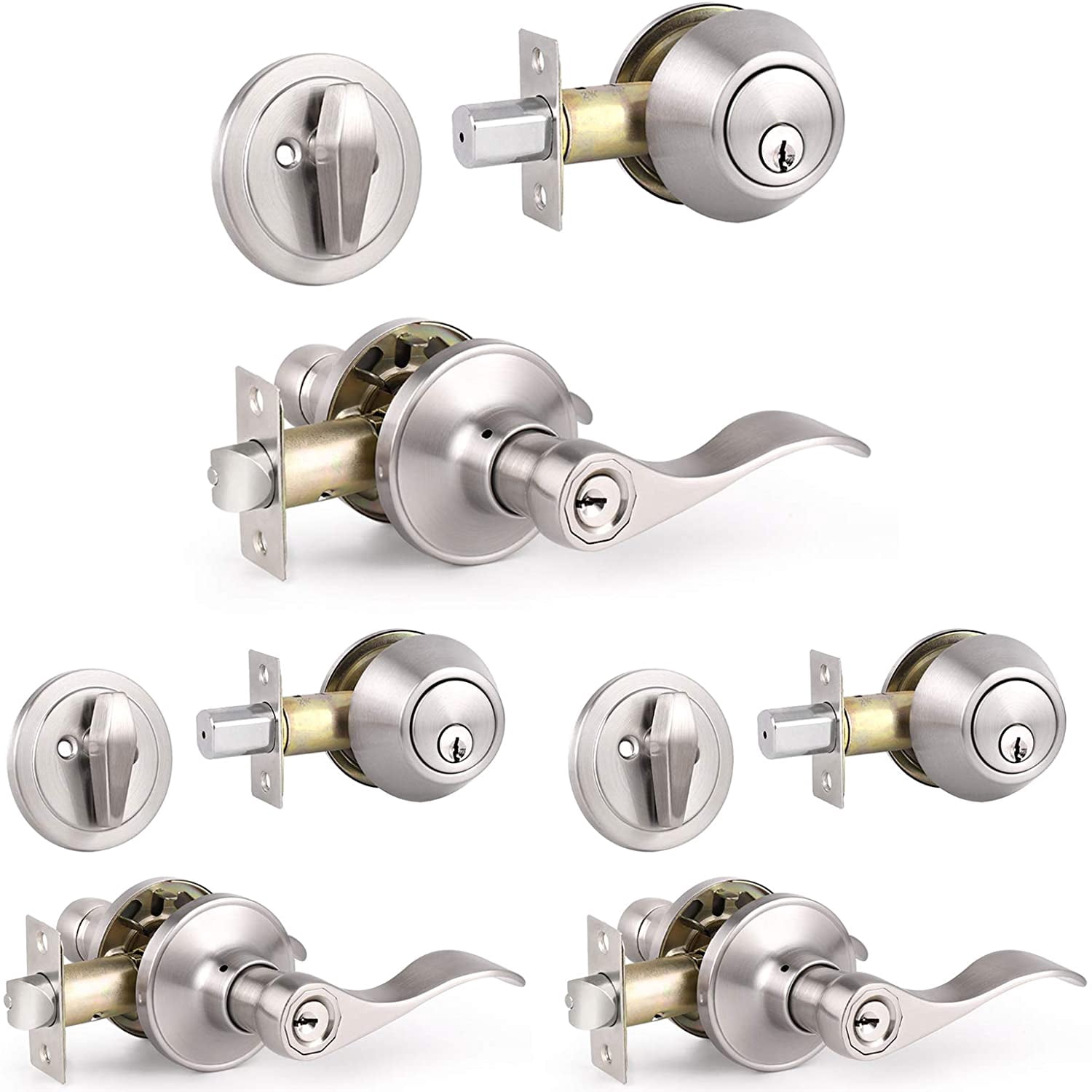 2 Sets of Front Exterior Door Knob Set with Single Cylinder Deadbolts in Satin Nickel Finish, All Keyed Same Combo Pack, Wave Style Entry Door Lever Locks with Combinations