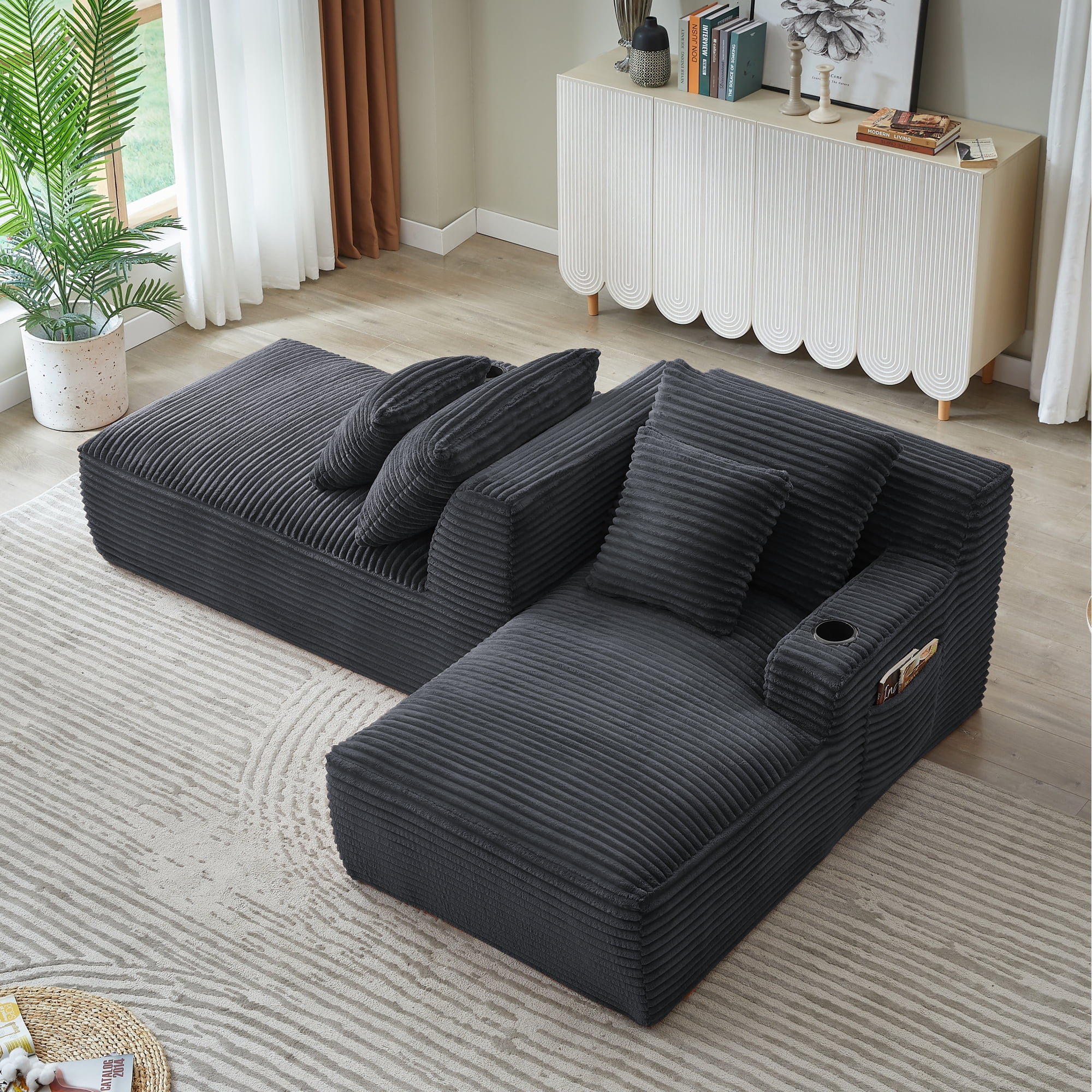 Leumius Oversized Double Chaise Lounge Sofa Bed, Boneless Lounge Sofa Bed with Cupholders,Fluffy Modern Sleeper Loveseat for Living Room,No Assembly Required,Dark Gray