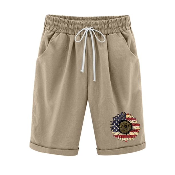 Pantalones cortos de lino y algodón de talla grande con estampado de bandera de verano para mujer con cinco puntos Pompotops ulkah937646