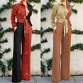 thumbnail image 3 of Skymirror Turn-Down Collar Long Sleeve Wide Leg Women Jumpsuit Shiny Patchwork Color Belt Pockets Jumpsuit Streetwear, 3 of 8