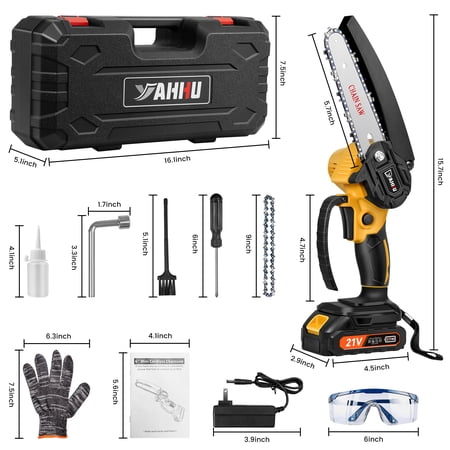 YAHHU 6 INCH MINI CHAINSAW WITH 21V BATTERY POWERED, CORDLESS HANDHELD ELECTRIC CHAINSAW YELLOW, NEW