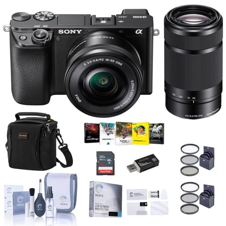 Sony Alpha a6100 Mirrorless Camera with 16-50mm and 55-210mm Lenses - Bundle with Camera Case, 32GB SDHC Card, 40.5mm Filter Kit, 49mm UV Filter, Card Reader, LCD Protector, Cleaning Kit, PC Software