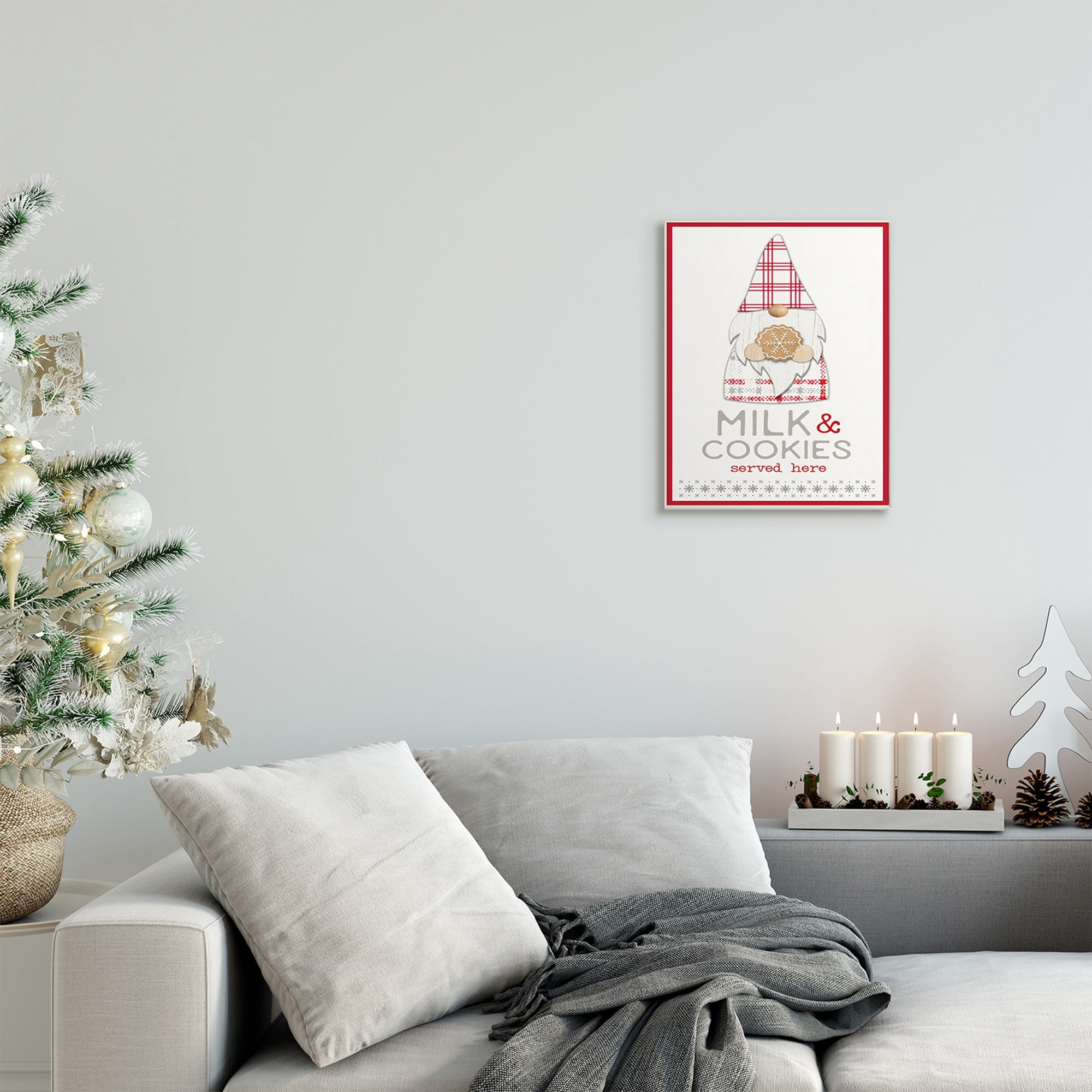 Stupell Industries Milk and Cookies Phrase Christmas Plaid Gnome Fairy Tales & Fantasy Painting Unframed Art Print Wall Art, 10 x 15
