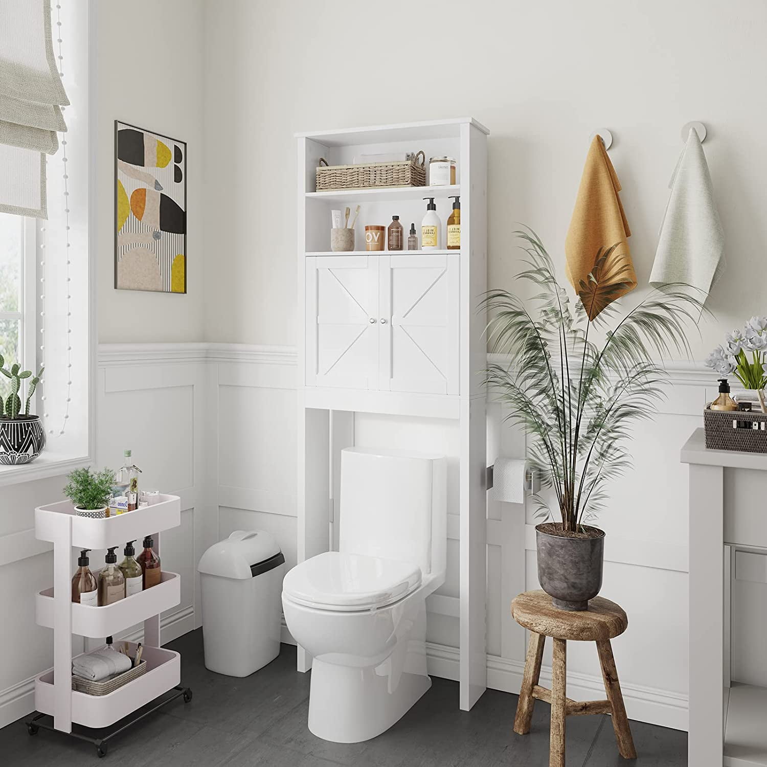 Reettic Tall Over The Toilet Storage with Two Doors, Free Standing