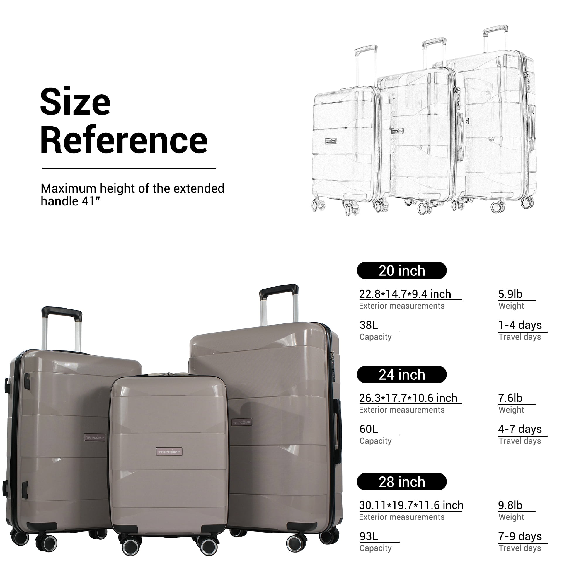 Tripcomp 3-Piece Hardside Luggage Set with TSA Lock, Spinner Wheels and Lightweight Design,  Suitcases in 20, 24 and 28 Inch Sizes,Beige