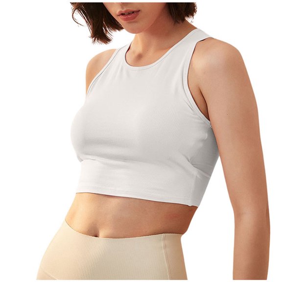 KHONTS Women's Workout Crop Tops Sleeveless Yoga Running Shirts Athletic Tank Tops with Padded White S