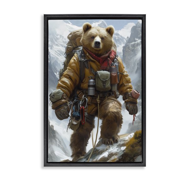 Stupell Industries Mountain Hiking Bear Animals & Insects Painting Black Floater Framed Canvas Art Print Wall Art, 17 x 25