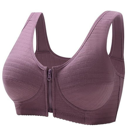 

Fsqjgq New Front Zipper Bras for Women Large Size Solid Color Brassiere Thin Push up Gathered Sports Bra Breathable Lingerie Top Purple L