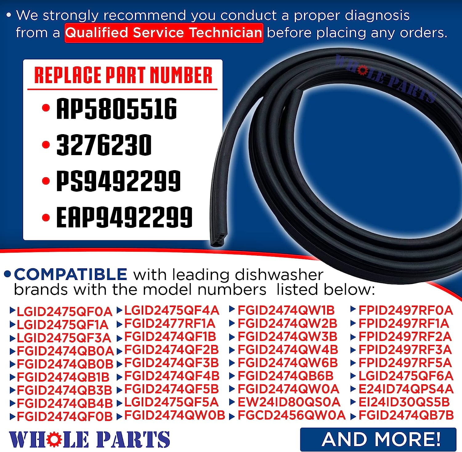 Whole Parts Dishwasher Door Seal Part # 117158011 - Replacement & Compatible With Some Frigidaire and Electrolux Dishwashers - 2 Yr Warranty