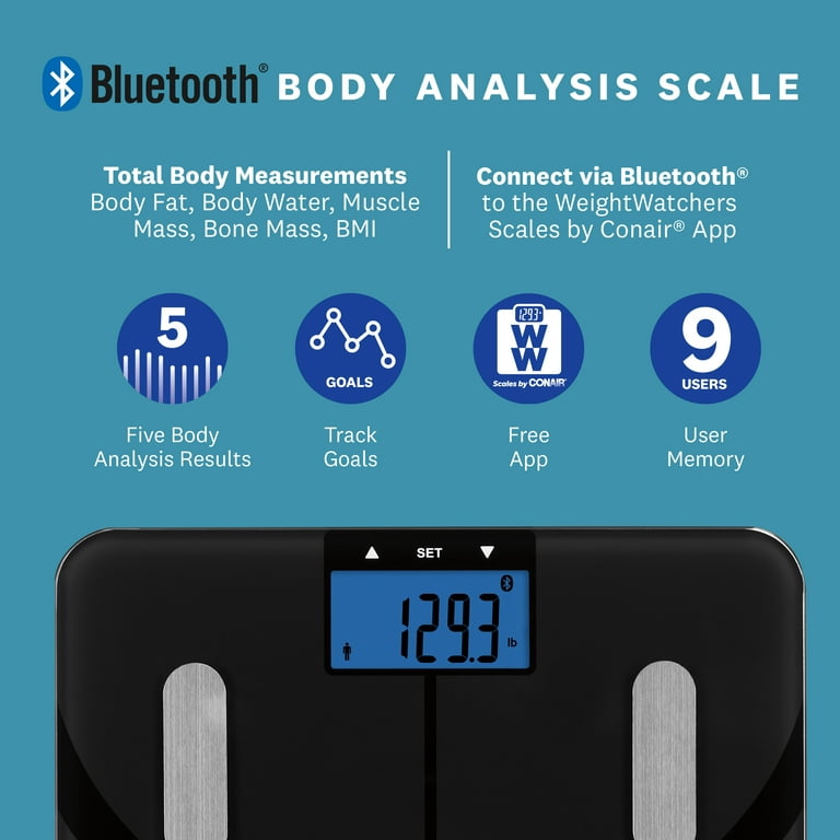 Weight Watchers Bio-Impedance Analysis Heart Rate Blue Backlit LCD Display Body Weight Scale Type w/Bluetooth 400lb Capacity Ww934zf