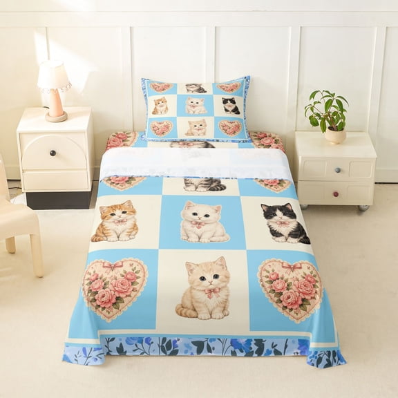 Homewish Blue Pet Cat Plaid Twin Sheets,Lovely Floral Bedding,3pcs,1 Fitted Sheet and 1 Pillowcase
