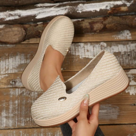 Yusimy Women's Versatile Edgy Straw Weave Loafers - Thick Sole Wide Width Autumn Winter Comfortable Wedge Heel Slip-On Shoes with Height Increase for Trendy Style