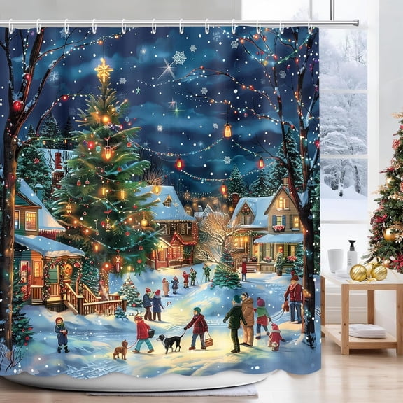 Christmas Shower Curtain, Christmas Snowman Dog Cat Bathroom Decor, Xmas Winter New Year Holiday Waterproof Fabric Shower Curtain Set for Bathtub with 12 Hooks 60x72 in