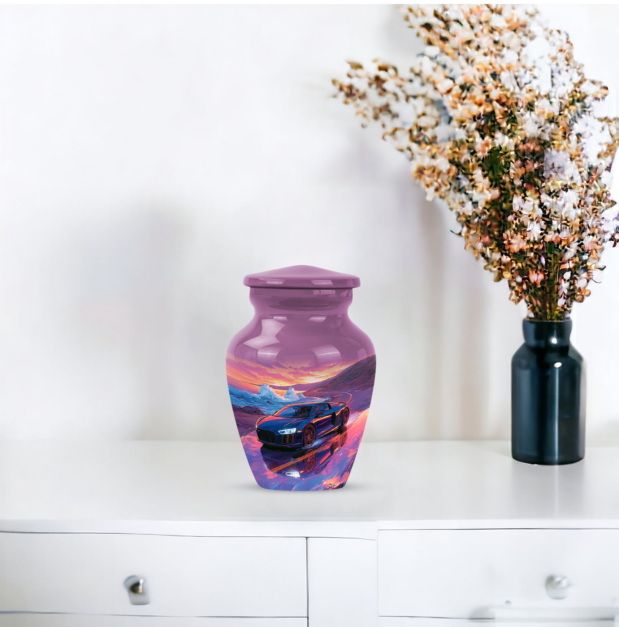 Supercar Tribute Keepsake Urns Set Of 4, Mini Urns For Ashes Adult Male, Small Cremation Urn For Human Ashes, Sports Car Coastal Sunset Memorial Urn,(Size, 3 Inch, 4 Pcs)