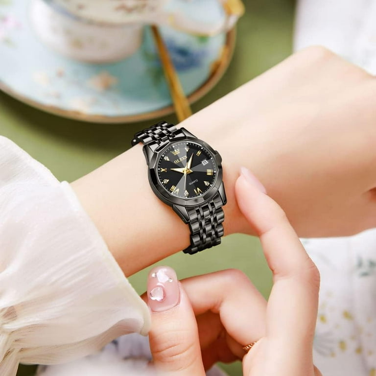 OLEVS Women s Diamond Wristwatch Stainless Steel Waterproof Luminous Day Date Black Dial Two Tone Walmart