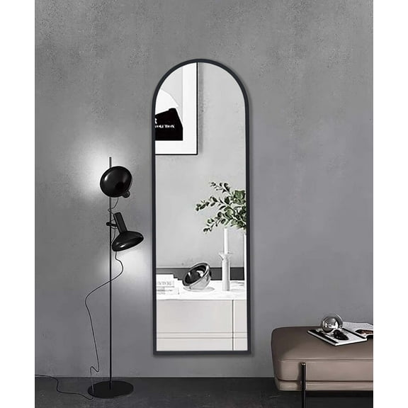 Parisloft Metal Framed Arched Wall-Mounted Mirror, Black,47.625"H