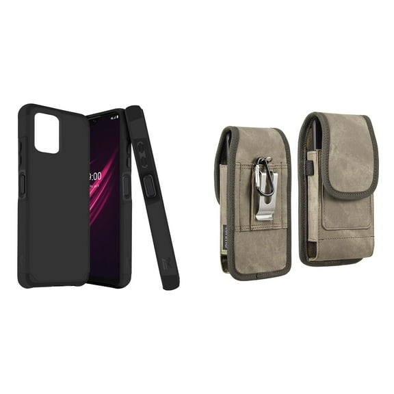 Case and Pouch Bundle for REVVL 6 5G: Dual Layer Slim Case (Black) and Vertical Rugged Denim Nylon Belt Holster (Brown)