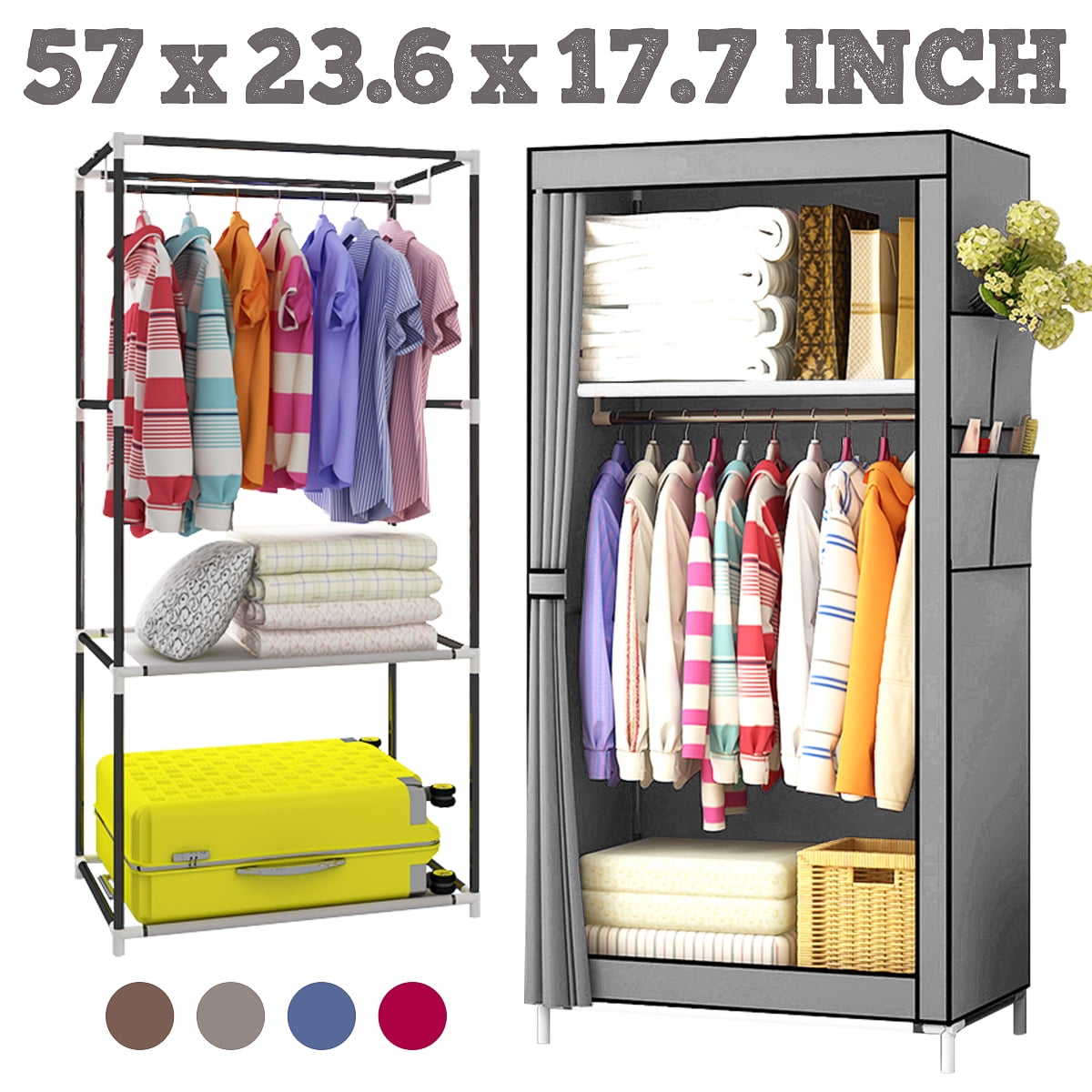 64"Portable Closet Storage Organizer Wardrobe Clothes Rack,Shelves,Grey,UK FAST 