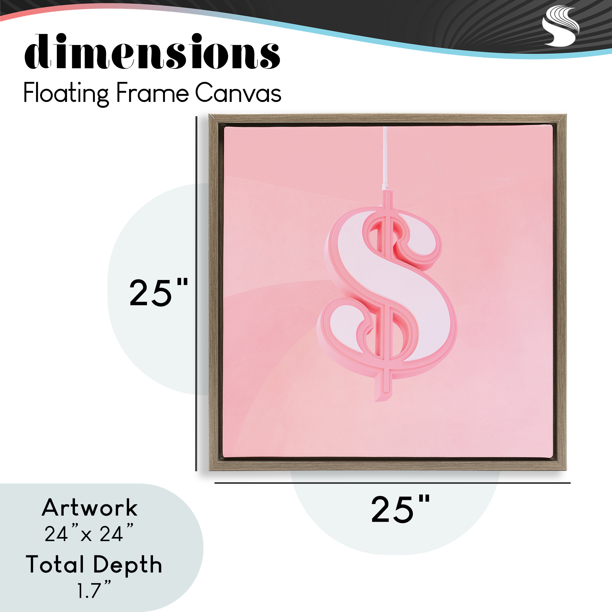 Pink Pastel Dollar Sign Brown Framed Floater Canvas Wall Art, design by LISH Creative