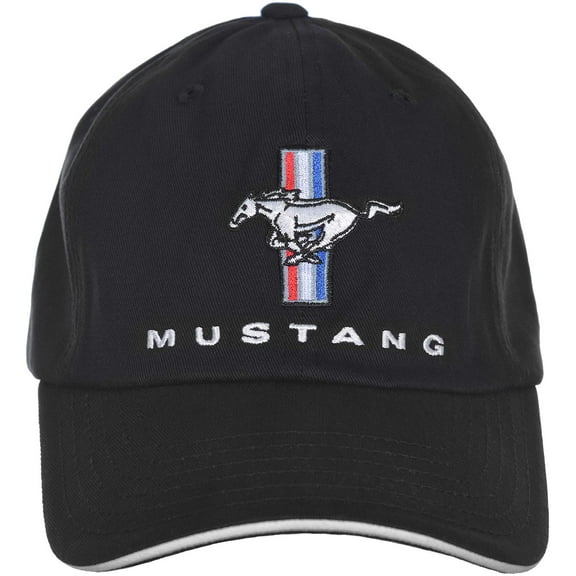Checkered Flag Mens Ford Mustang Classic Tri-Bar Pony Logo Adjustable Black Fabric Cap