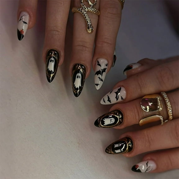 Halloween Wearable Nail Art - Long Tube with Halloween Cartoon Patterns, Pumpkin, Black - White Polka Dots and Bowknot, Sweet Style False Nails
