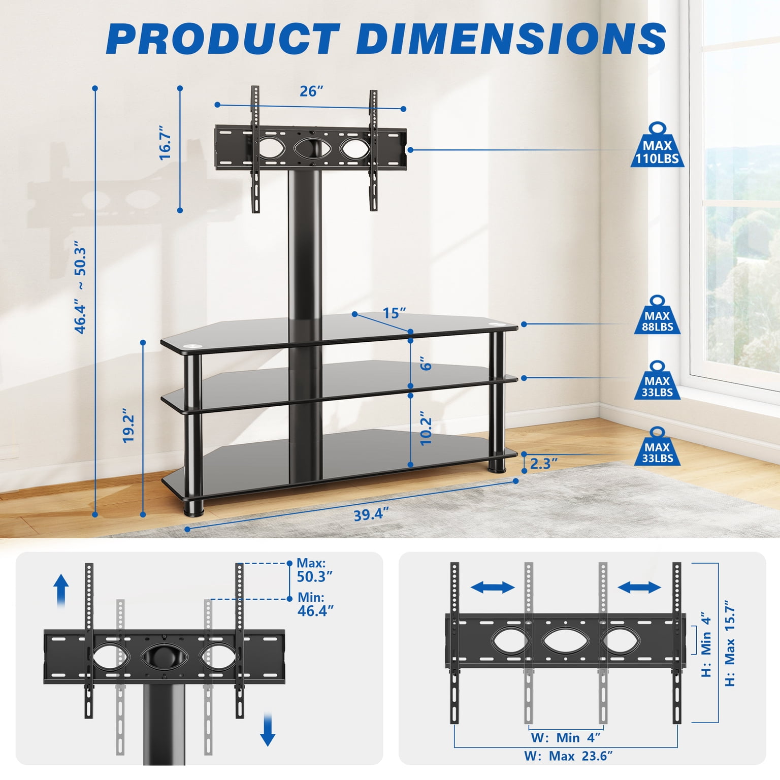 TAVR Furniture Corner TV Stand, TV Stand with Mount with 3 Tier Tempered Glass Shelves for 32-70 inch TVs, Max VESA 600X400mm, Television Stand