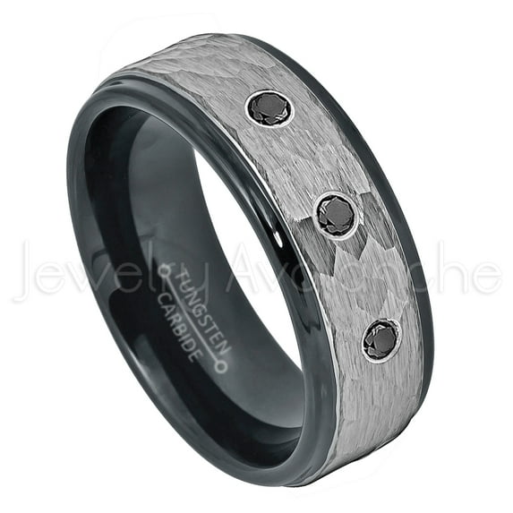 2-Tone Hammered Tungsten Ring - 0.21ctw Black Diamond 3-stone Band - Personalized Tungsten Wedding Ring - Custom Made April Birthstone Ring TN708BS